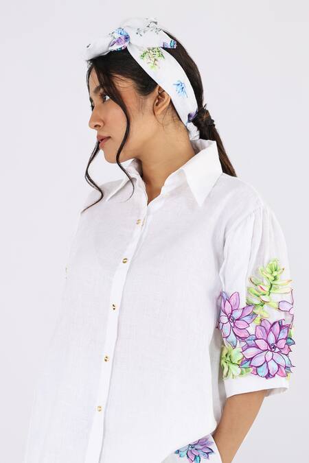 Studio Moda India White Linen Embroidery Collared Succulent Applique Work Shirt Online at Aza Fashions Studio Moda India_White Linen Embroidery Collared Succulent Applique Work Shirt _Online_at_Aza_Fashions
