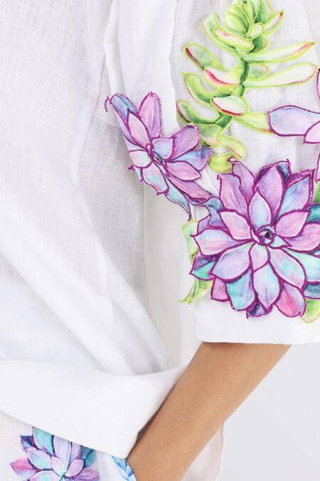 Buy Studio Moda India White Linen Embroidery Collared Succulent Applique Work Shirt Online at Aza Fashions Buy_Studio Moda India_White Linen Embroidery Collared Succulent Applique Work Shirt _Online_at_Aza_Fashions