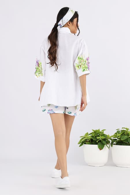 Shop Studio Moda India White Linen Embroidery Collared Succulent Applique Work Shirt at Aza Fashions Shop_Studio Moda India_White Linen Embroidery Collared Succulent Applique Work Shirt _at_Aza_Fashions