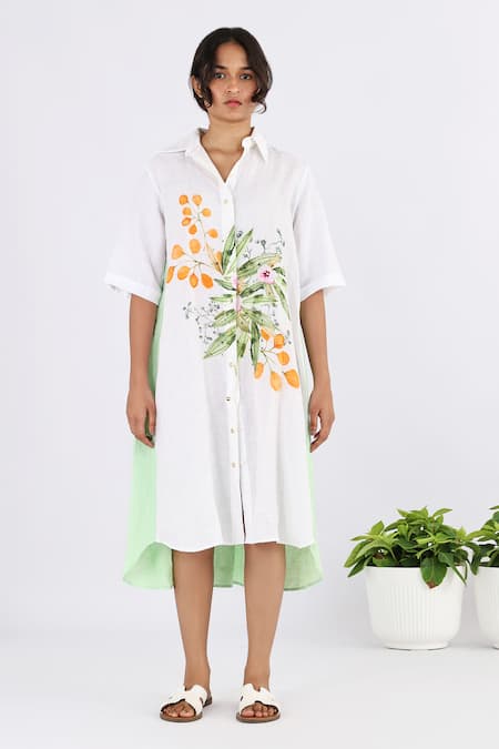 Studio Moda India Green 100% Linen Printed Floral Collar Pleated Shirt Dress 