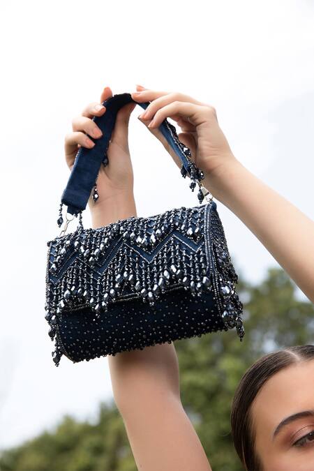 Modarta Blue Beads, Tassels Embellished Flap Bag Online at Aza Fashions Modarta_Blue Beads, Tassels Embellished Flap Bag _Online_at_Aza_Fashions