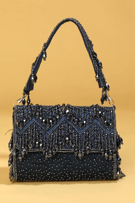 Shop_Modarta_Blue Beads, Tassels Embellished Flap Bag _Online_at_Aza_Fashions