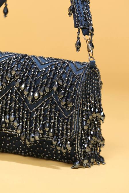 Modarta_Blue Beads, Tassels Embellished Flap Bag _at_Aza_Fashions