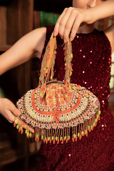 MODARTA Multi Color Kundan And Stone Embroidered Tasseled Bag 