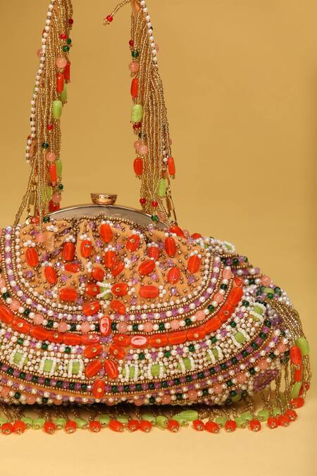 Shop Modarta Multi Color Embroidery, Beads Kundan And Stone Tasseled Bag Online at Aza Fashions Shop_Modarta_Multi Color Embroidery, Beads Kundan And Stone Tasseled Bag _Online_at_Aza_Fashions