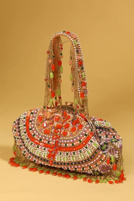 Modarta Multi Color Embroidery, Beads Kundan And Stone Tasseled Bag at Aza Fashions Modarta_Multi Color Embroidery, Beads Kundan And Stone Tasseled Bag _at_Aza_Fashions