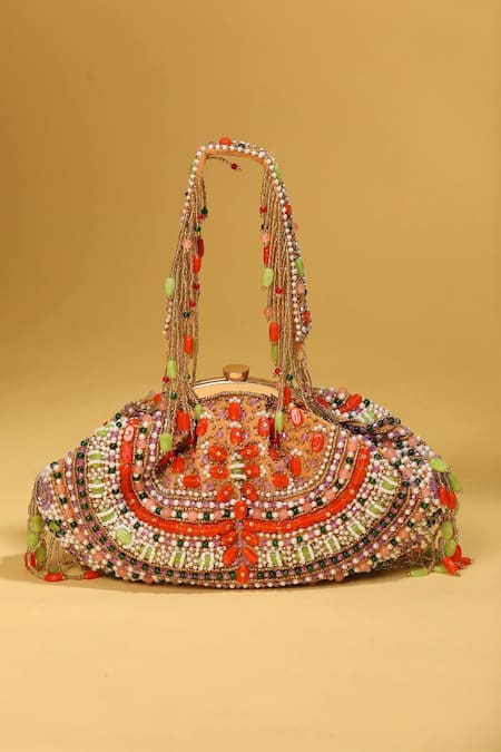 Shop Modarta Multi Color Embroidery, Beads Kundan And Stone Tasseled Bag at Aza Fashions Shop_Modarta_Multi Color Embroidery, Beads Kundan And Stone Tasseled Bag _at_Aza_Fashions