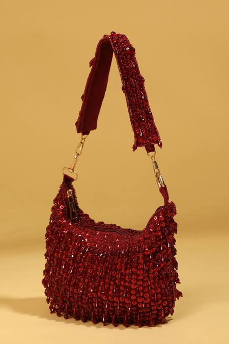 Buy Modarta Red Sequins, Beads Embroidered Tasseled Potli Bag Buy_Modarta_Red Sequins, Beads Embroidered Tasseled Potli Bag