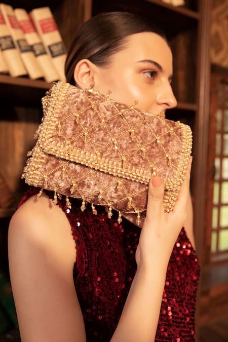 Modarta Pink Crystals Tassel Jaal Work Bag Online at Aza Fashions Modarta_Pink Crystals Tassel Jaal Work Bag _Online_at_Aza_Fashions