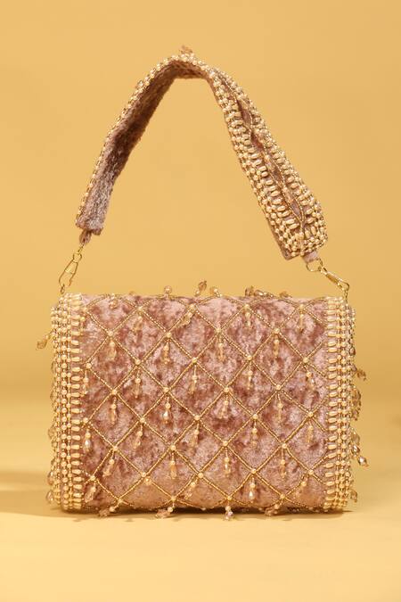 Shop Modarta Pink Crystals Tassel Jaal Work Bag Shop_Modarta_Pink Crystals Tassel Jaal Work Bag
