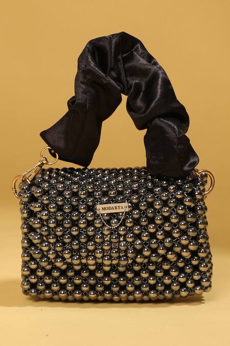 Buy_Modarta_Black Crystals, Pearls, Beads Work Mini Handbag _Online_at_Aza_Fashions