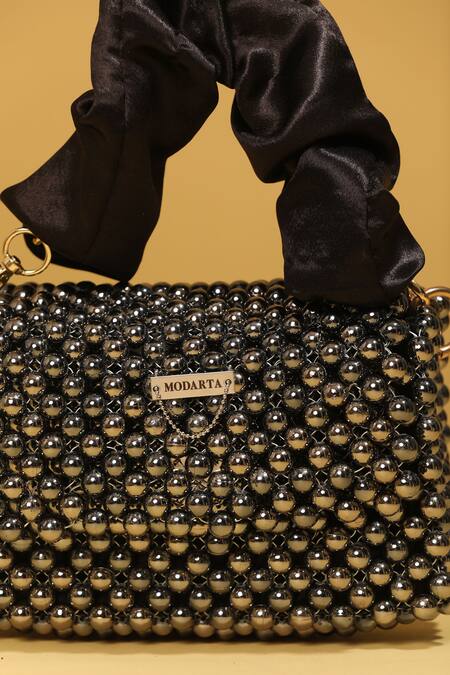 Shop_Modarta_Black Crystals, Pearls, Beads Work Mini Handbag _Online_at_Aza_Fashions