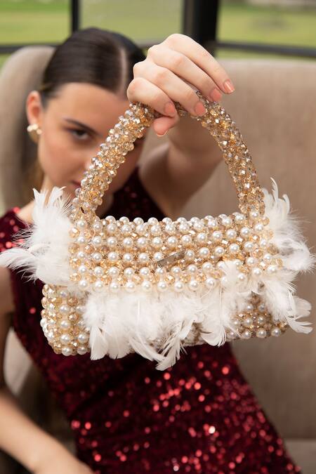 Buy Modarta White Pearls, Feathers, Beads Handbag With Online at Aza Fashions Buy_Modarta_White Pearls, Feathers, Beads Handbag With _Online_at_Aza_Fashions
