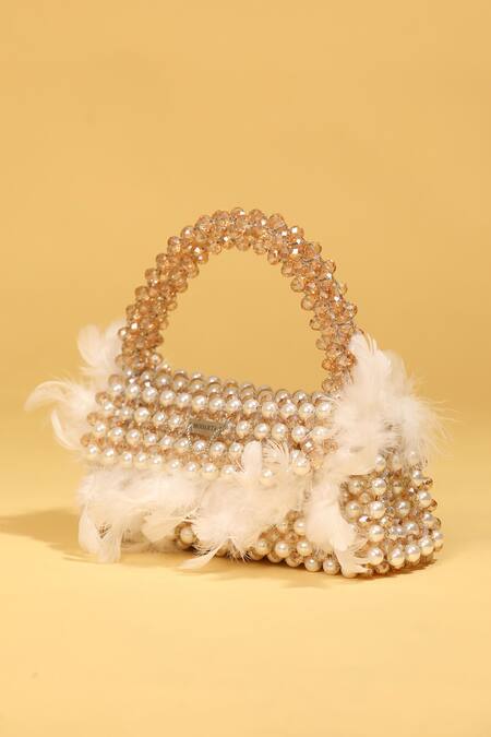 Modarta_White Pearls, Feathers, Beads Handbag With _at_Aza_Fashions