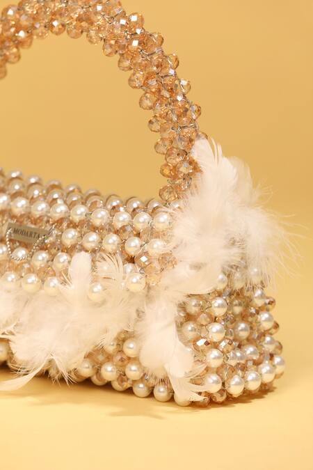 Buy_Modarta_White Pearls, Feathers, Beads Handbag With 