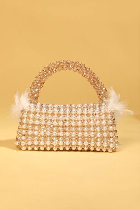 Shop Modarta White Pearls, Feathers, Beads Handbag With Shop_Modarta_White Pearls, Feathers, Beads Handbag With