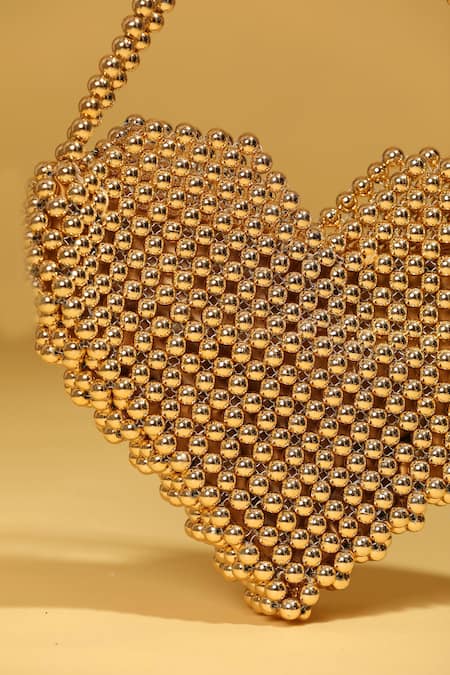 Modarta_Gold Beads Heart Shaped Pearl Handbag _at_Aza_Fashions