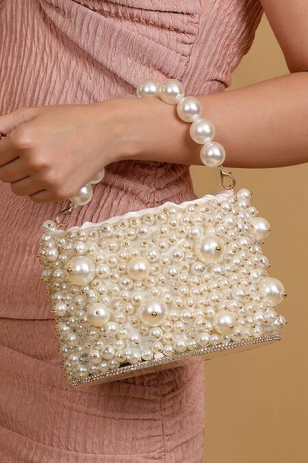 Modarta_White Pearls And Bead Work Embellished Bag_Online_at_Aza_Fashions