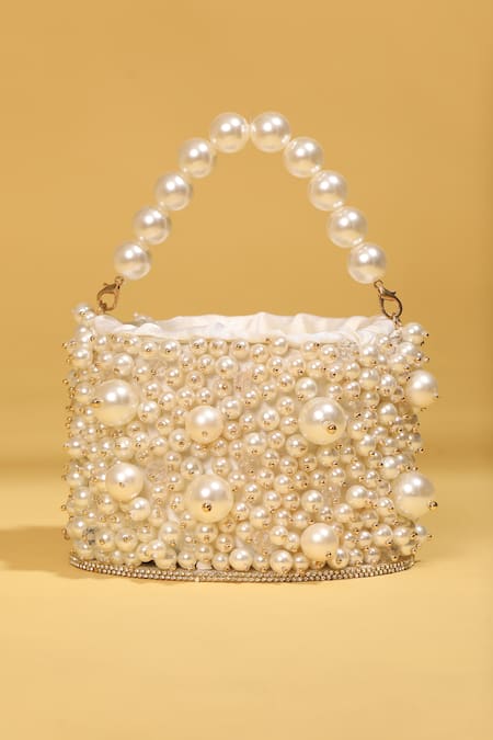 Shop_Modarta_White Pearls And Bead Work Embellished Bag_at_Aza_Fashions