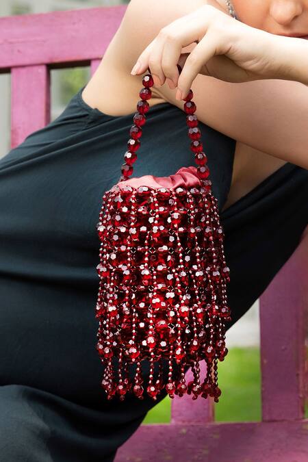 Modarta Maroon Beads Embellished Wristlet Bag Online at Aza Fashions Modarta_Maroon Beads Embellished Wristlet Bag _Online_at_Aza_Fashions