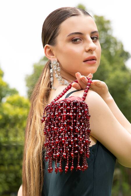 Shop Modarta Maroon Beads Embellished Wristlet Bag Online at Aza Fashions Shop_Modarta_Maroon Beads Embellished Wristlet Bag _Online_at_Aza_Fashions