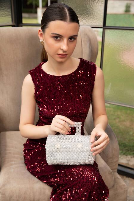 Modarta Silver Crystals Embellished Clutch Bag Online at Aza Fashions Modarta_Silver Crystals Embellished Clutch Bag _Online_at_Aza_Fashions