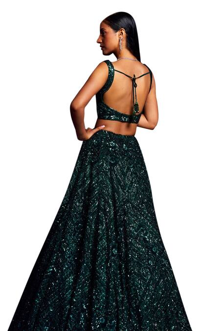 Buy Angad Singh Emerald Green Net Crystals, Sequins, Cutwork Embroidered Bridal Lehenga Set Buy_Angad Singh_Emerald Green Net Crystals, Sequins, Cutwork Embroidered Bridal Lehenga Set