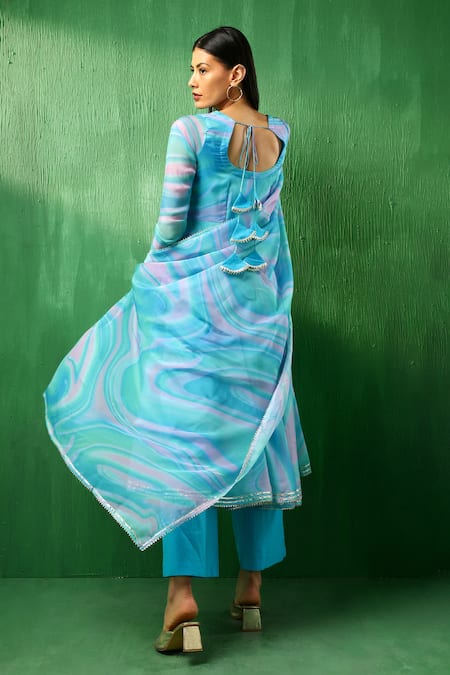 Shop Pomcha Jaipur Blue Organza, Cotton Gota Patti Round Neck Marble Print Anarkali Set at Aza Fashions Shop_Pomcha Jaipur_Blue Organza, Cotton Gota Patti Round Neck Marble Print Anarkali Set _at_Aza_Fashions