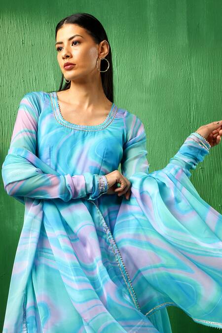 Pomcha Jaipur Blue Organza, Cotton Gota Patti Round Neck Marble Print Anarkali Set Online at Aza Fashions Pomcha Jaipur_Blue Organza, Cotton Gota Patti Round Neck Marble Print Anarkali Set _Online_at_Aza_Fashions