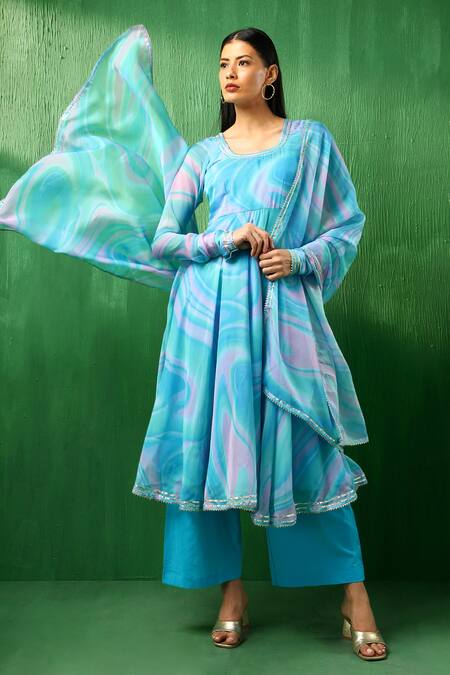 Buy Pomcha Jaipur Blue Organza, Cotton Gota Patti Round Neck Marble Print Anarkali Set Online at Aza Fashions Buy_Pomcha Jaipur_Blue Organza, Cotton Gota Patti Round Neck Marble Print Anarkali Set _Online_at_Aza_Fashions