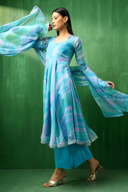 Shop Pomcha Jaipur Blue Organza, Cotton Gota Patti Round Neck Marble Print Anarkali Set Online at Aza Fashions Shop_Pomcha Jaipur_Blue Organza, Cotton Gota Patti Round Neck Marble Print Anarkali Set _Online_at_Aza_Fashions