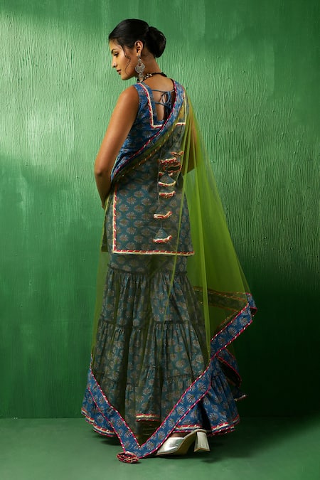 Shop Pomcha Jaipur Blue Cotton, Net Gota Patti Square Neck Lotus Pattern Kurta Sharara Set at Aza Fashions Shop_Pomcha Jaipur_Blue Cotton, Net Gota Patti Square Neck Lotus Pattern Kurta Sharara Set _at_Aza_Fashions