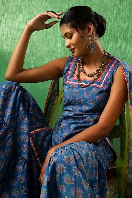 Pomcha Jaipur Blue Cotton, Net Gota Patti Square Neck Lotus Pattern Kurta Sharara Set Online at Aza Fashions Pomcha Jaipur_Blue Cotton, Net Gota Patti Square Neck Lotus Pattern Kurta Sharara Set _Online_at_Aza_Fashions