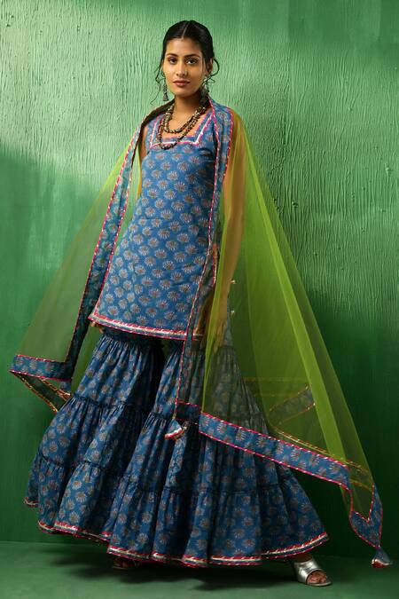 Buy Pomcha Jaipur Blue Cotton, Net Gota Patti Square Neck Lotus Pattern Kurta Sharara Set Online at Aza Fashions Buy_Pomcha Jaipur_Blue Cotton, Net Gota Patti Square Neck Lotus Pattern Kurta Sharara Set _Online_at_Aza_Fashions
