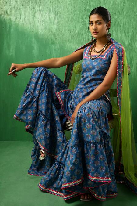 Shop Pomcha Jaipur Blue Cotton, Net Gota Patti Square Neck Lotus Pattern Kurta Sharara Set Online at Aza Fashions Shop_Pomcha Jaipur_Blue Cotton, Net Gota Patti Square Neck Lotus Pattern Kurta Sharara Set _Online_at_Aza_Fashions