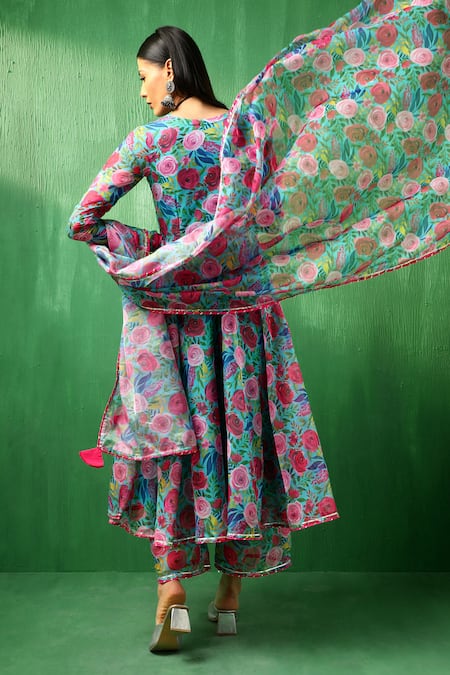 Shop Pomcha Jaipur Multi Color Organza, Cotton Embroidery, Gota Patti Floral Pattern Anarkali Set at Aza Fashions Shop_Pomcha Jaipur_Multi Color Organza, Cotton Embroidery, Gota Patti Floral Pattern Anarkali Set _at_Aza_Fashions