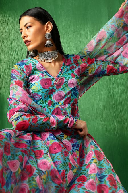 Pomcha Jaipur Multi Color Organza, Cotton Embroidery, Gota Patti Floral Pattern Anarkali Set Online at Aza Fashions Pomcha Jaipur_Multi Color Organza, Cotton Embroidery, Gota Patti Floral Pattern Anarkali Set _Online_at_Aza_Fashions