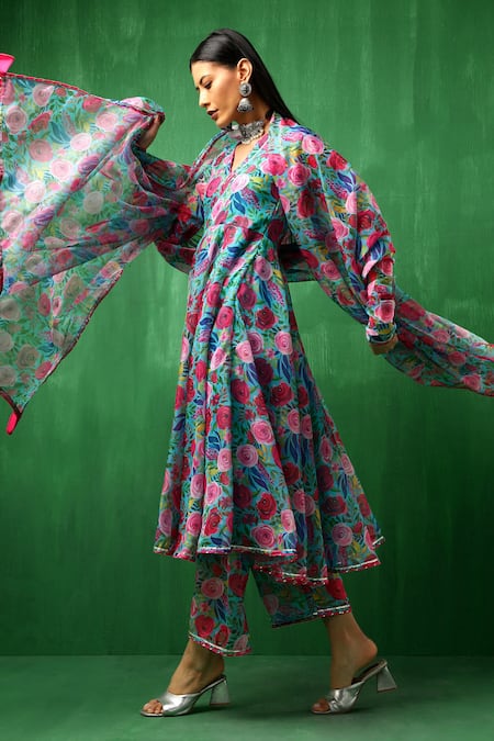 Shop Pomcha Jaipur Multi Color Organza, Cotton Embroidery, Gota Patti Floral Pattern Anarkali Set Online at Aza Fashions Shop_Pomcha Jaipur_Multi Color Organza, Cotton Embroidery, Gota Patti Floral Pattern Anarkali Set _Online_at_Aza_Fashions