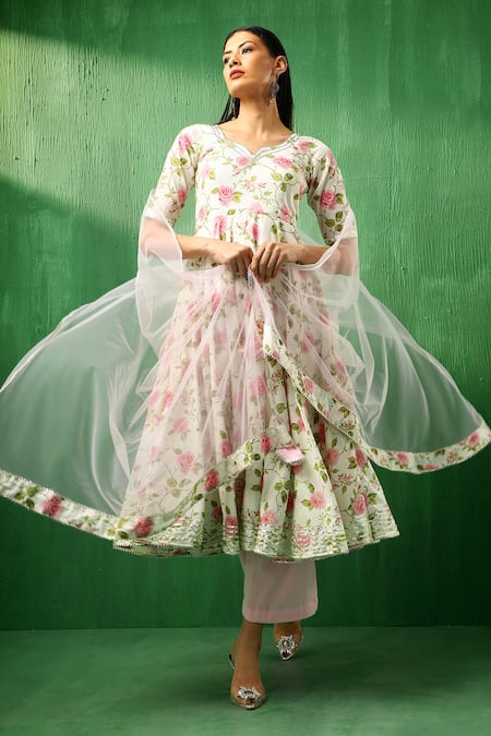 Shop_Pomcha Jaipur_Pink Cotton, Net Gota Patti Round Neck Rose Pattern Anarkali Set _at_Aza_Fashions