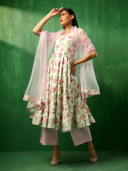 Buy_Pomcha Jaipur_Pink Cotton, Net Gota Patti Round Neck Rose Pattern Anarkali Set _Online_at_Aza_Fashions