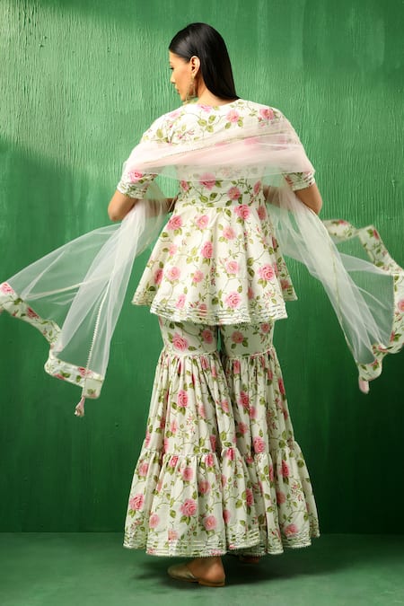 Shop Pomcha Jaipur Pink Cotton, Net Embroidery, Gota Patti Round Neck Rose Pattern Sharara Set at Aza Fashions Shop_Pomcha Jaipur_Pink Cotton, Net Embroidery, Gota Patti Round Neck Rose Pattern Sharara Set _at_Aza_Fashions