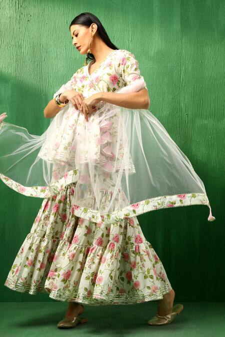 Buy Pomcha Jaipur Pink Cotton, Net Embroidery, Gota Patti Round Neck Rose Pattern Sharara Set Online at Aza Fashions Buy_Pomcha Jaipur_Pink Cotton, Net Embroidery, Gota Patti Round Neck Rose Pattern Sharara Set _Online_at_Aza_Fashions