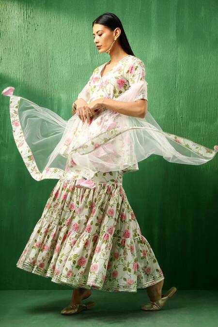 Shop Pomcha Jaipur Pink Cotton, Net Embroidery, Gota Patti Round Neck Rose Pattern Sharara Set Online at Aza Fashions Shop_Pomcha Jaipur_Pink Cotton, Net Embroidery, Gota Patti Round Neck Rose Pattern Sharara Set _Online_at_Aza_Fashions