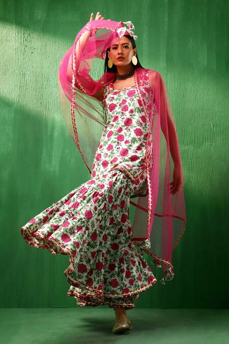 Pomcha Jaipur Pink Cotton, Net Embroidery, Gota Patti, Tassels Blossom Pattern Sharara Set at Aza Fashions Pomcha Jaipur_Pink Cotton, Net Embroidery, Gota Patti, Tassels Blossom Pattern Sharara Set _at_Aza_Fashions