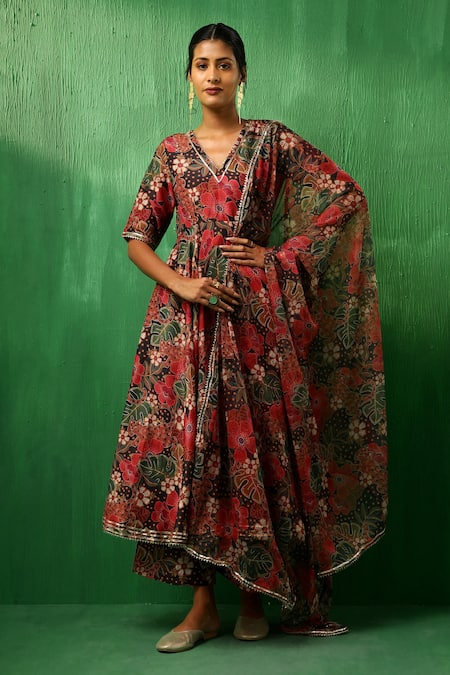 POMCHA JAIPUR Tropical Print Anarkali Set 