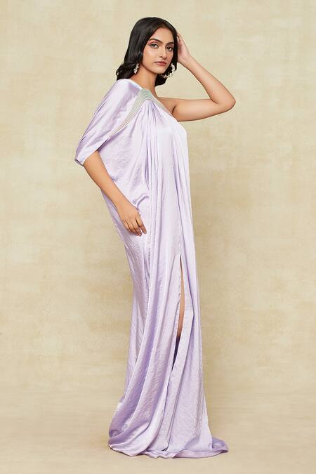 Shop Amit Aggarwal Purple Satin Embroidery One Shoulder Cord Kaftan Online at Aza Fashions Shop_Amit Aggarwal_Purple Satin Embroidery One Shoulder Cord Kaftan _Online_at_Aza_Fashions