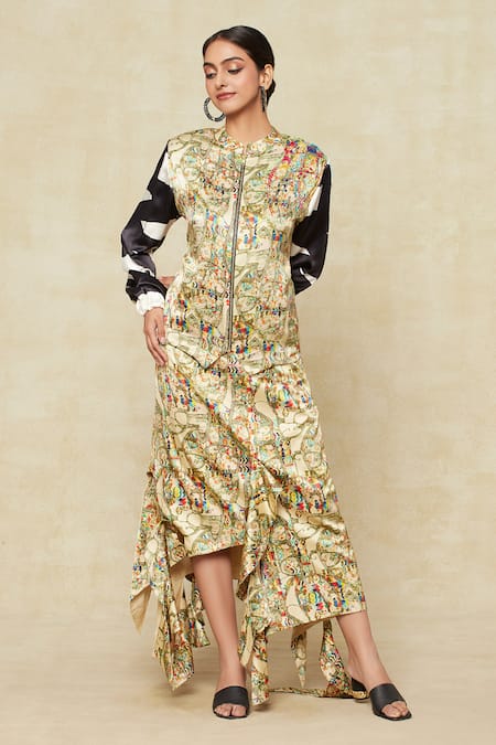 Buy_Anamika Khanna_Multi Color Silk Embroidery Printed Bomber Jacket With Skirt_Online_at_Aza_Fashions