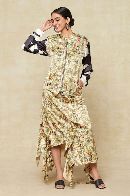 Shop_Anamika Khanna_Multi Color Silk Embroidery Printed Bomber Jacket With Skirt_Online_at_Aza_Fashions