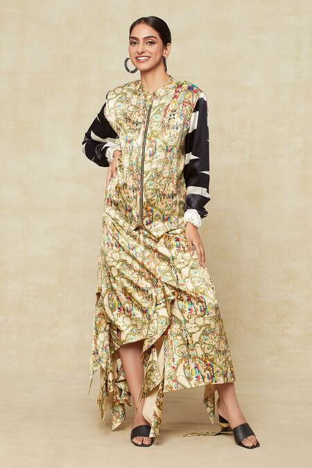 Anamika Khanna_Multi Color Silk Embroidery Printed Bomber Jacket With Skirt_at_Aza_Fashions