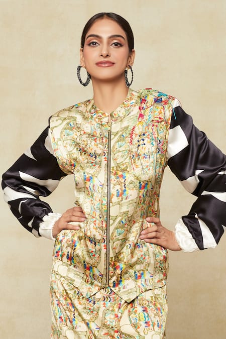Buy_Anamika Khanna_Multi Color Silk Embroidery Printed Bomber Jacket With Skirt